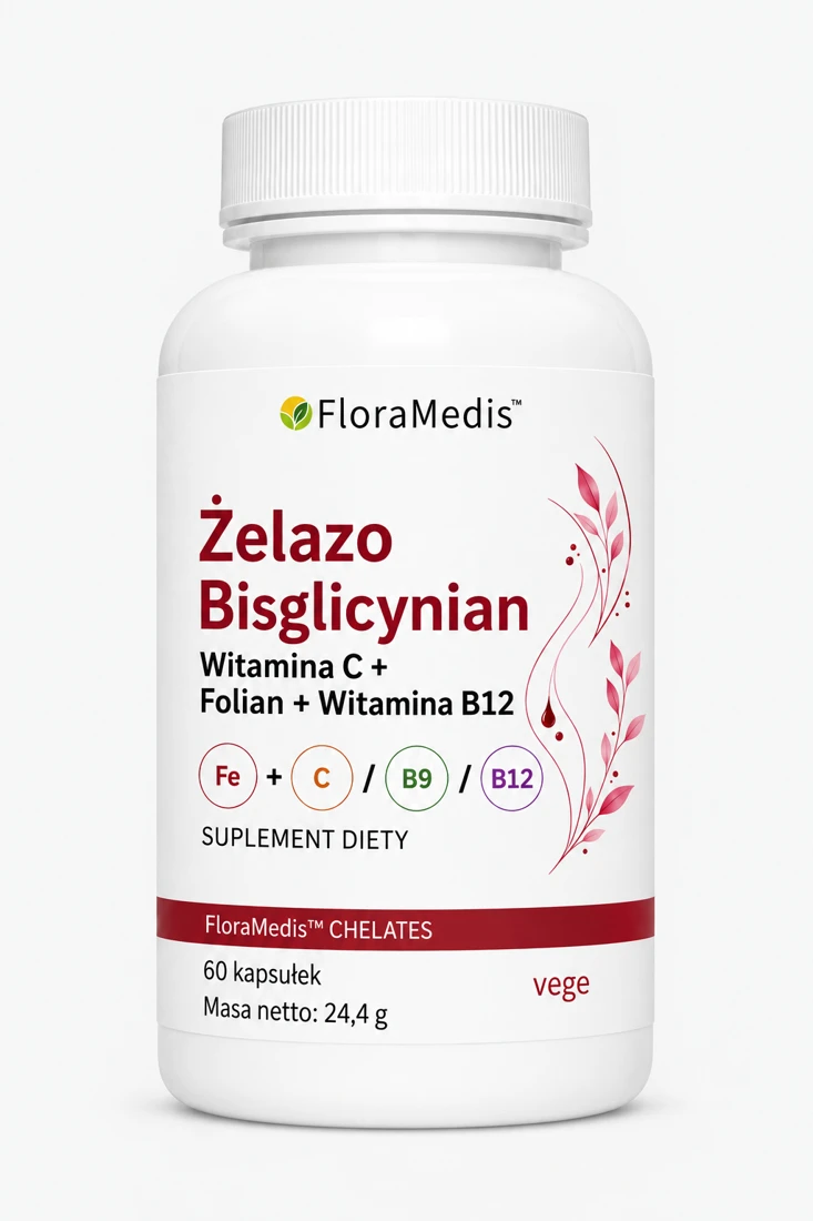 Żelazo Bisglicynian z witaminą C, folianem i B12, 60 kapsułek vege
